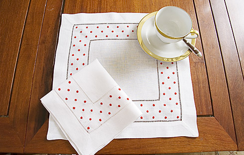 Square Linen Placemat. Red Swiss Polka Dots. 14"sq. 1 piece.